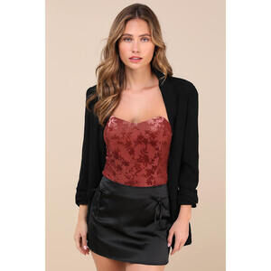 Lulus Iconic Beauty Dark Mauve Velvet Floral Strapless Bodysuit Pink - Size S